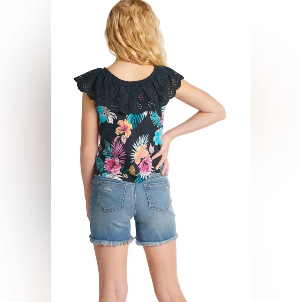 Justice Black and Pink Ruffled Blouse with Lace Neckline